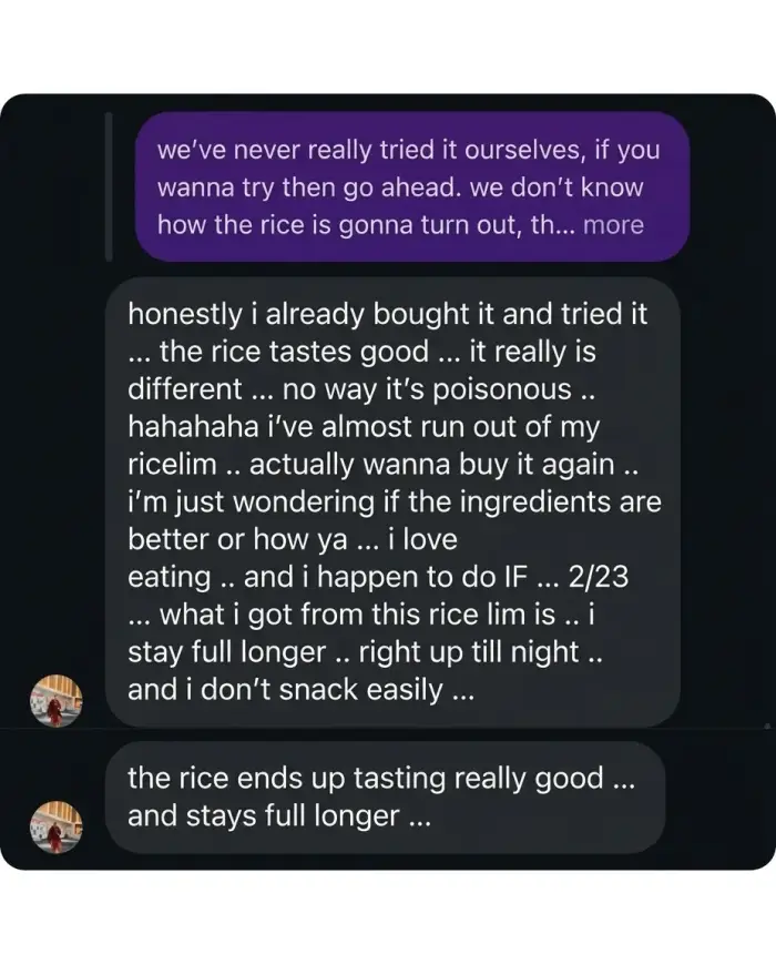Ricelim customer testimonial 1